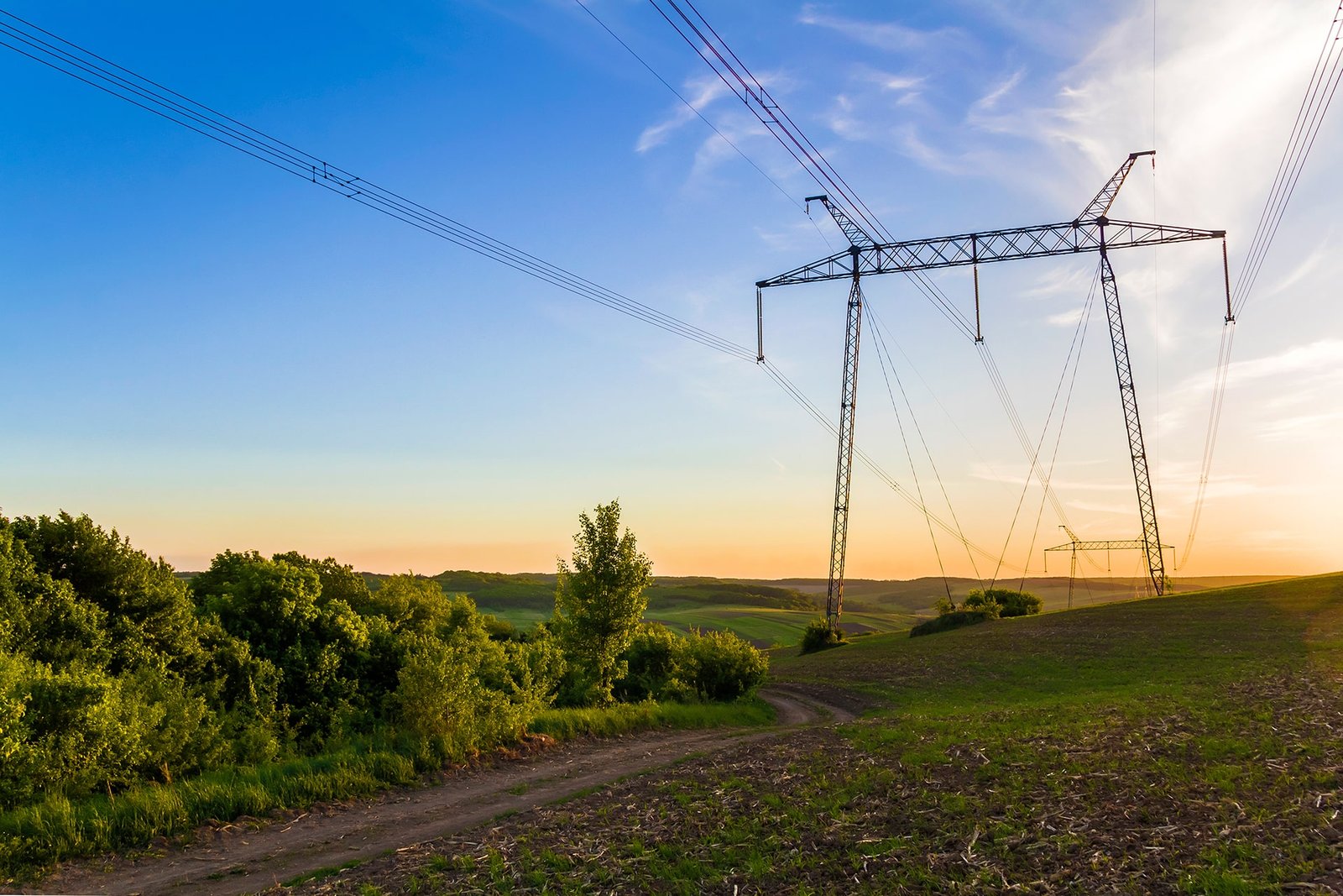 beautiful-wide-panorama-high-voltage-lines-power-pylons-stretching-through-spring-fields-group-green-trees-dawn-sunset-transmission-distribution-electricity-concept